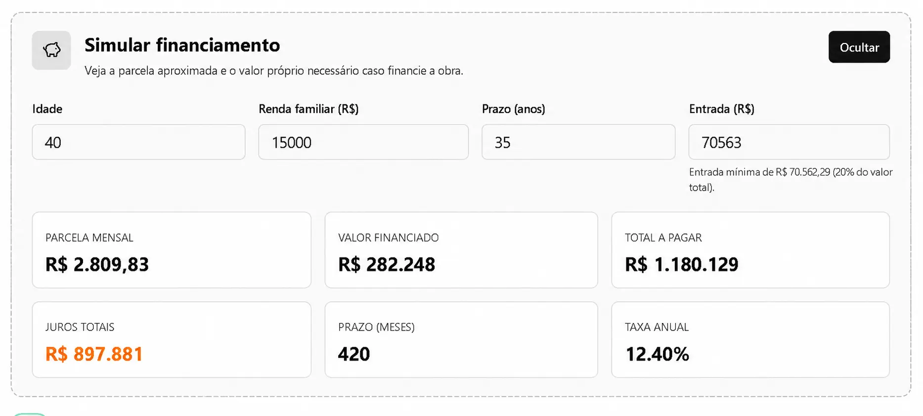 Passo 3 — simulação de financiamento pela Caixa, com entrada, parcela, prazo e comparação entre os sistemas SAC e Price